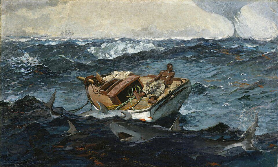 Winslow Homer's The Gulf Stream, a lone sailor adrift on a dismasted boat