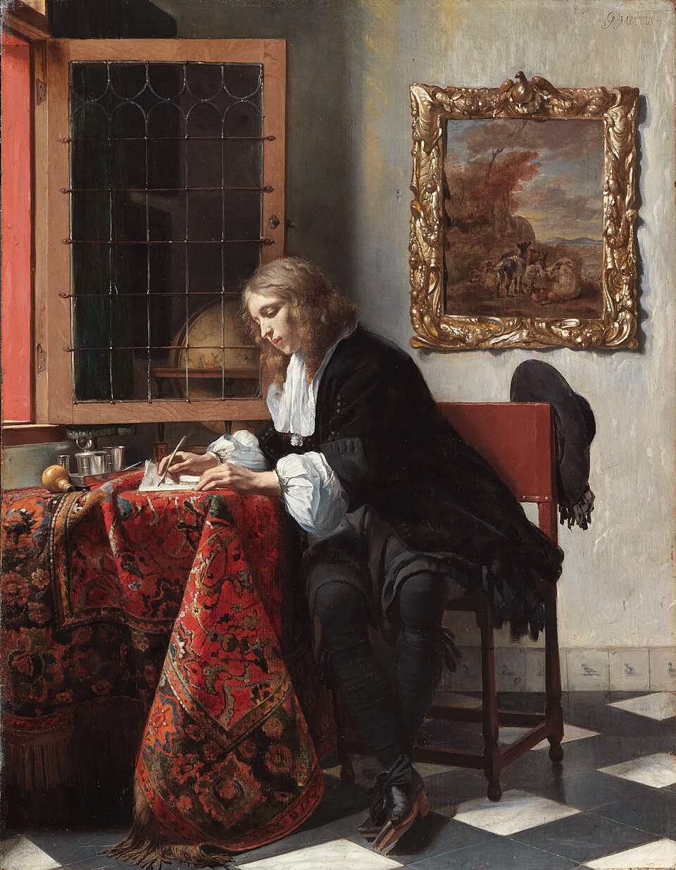 Gabriël Metsu's painting of a young man writing a letter at a sunlit desk