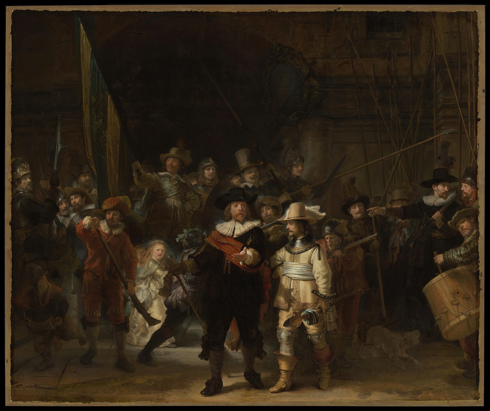 Rembrandt's The Night Watch, a night militia assembling in the dark, lit by one lantern
